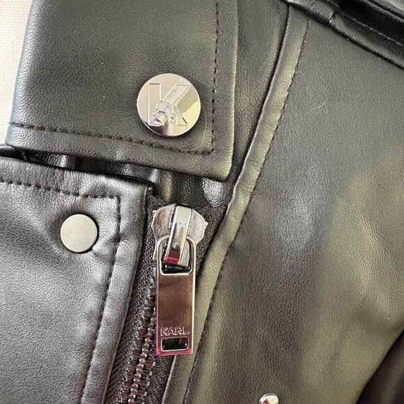 Karl Lagerfeld Paris Black Faux Leather Studded Moto Jacket Logo Detailing SizeS - Picture 8 of 16